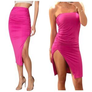 NWT Superdown Revolve Tiffani Ruched Midi Skirt Dress Pink M Sexy Bodycon